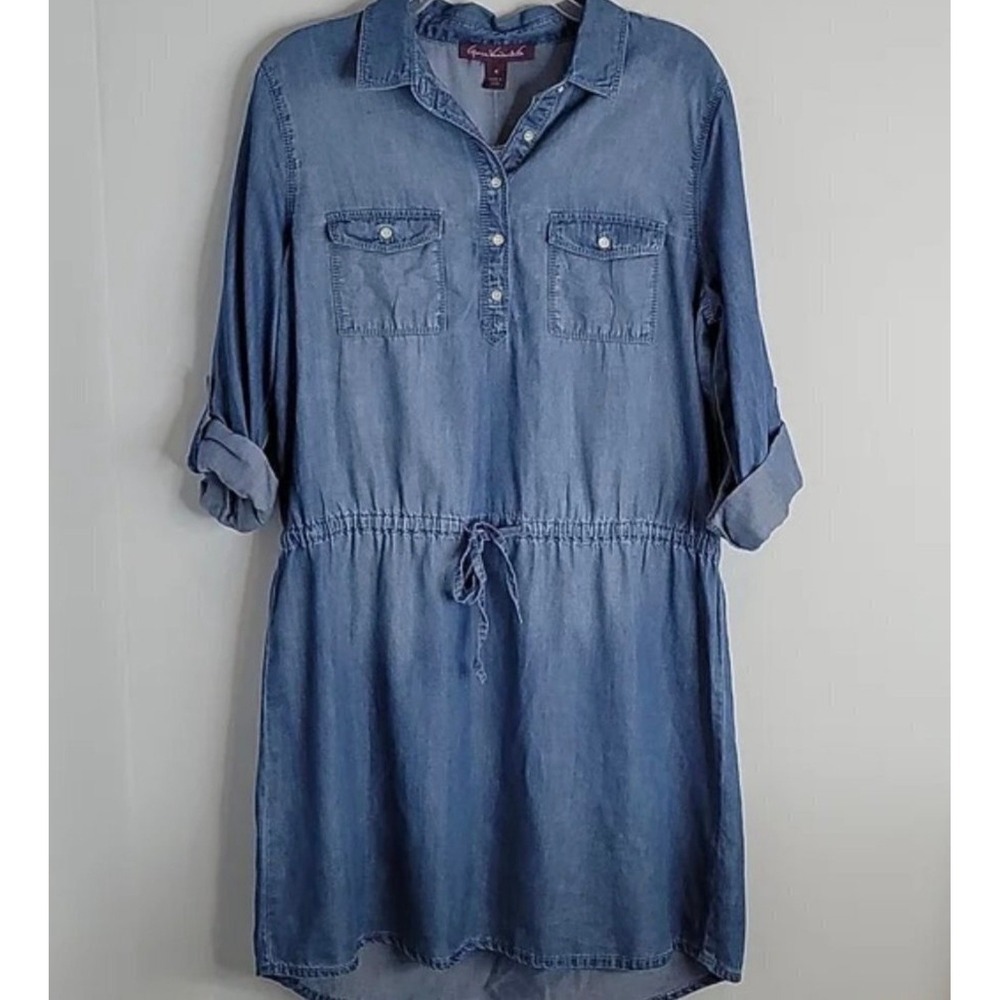 Gloria‎ Vanderbilt Denim Shirt Dress Boho XL Lightweight Chambray Cinch Waist